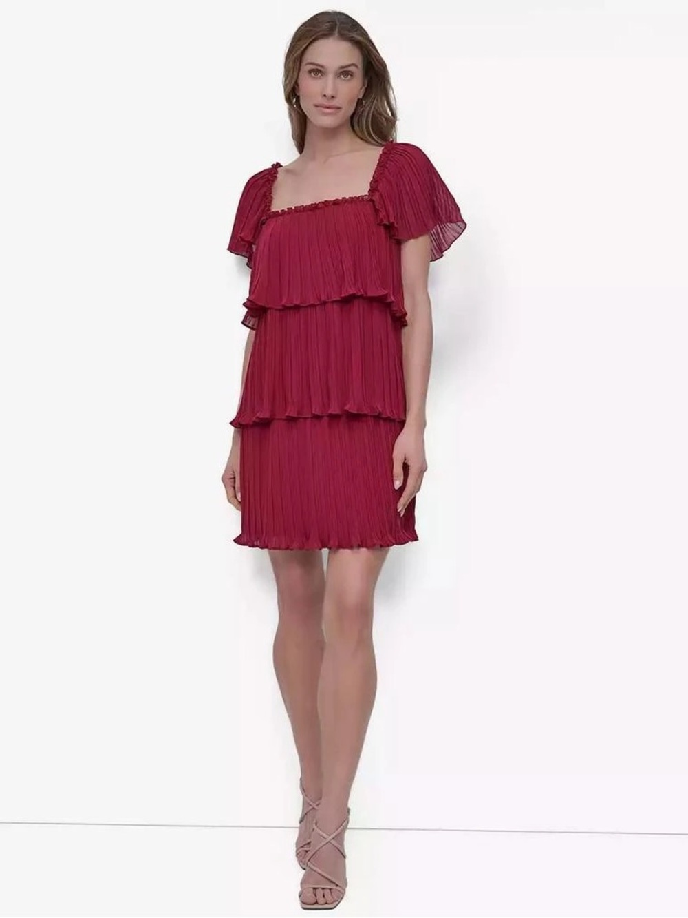 DKNY Raspberry Tiered Pleated Mini Dress